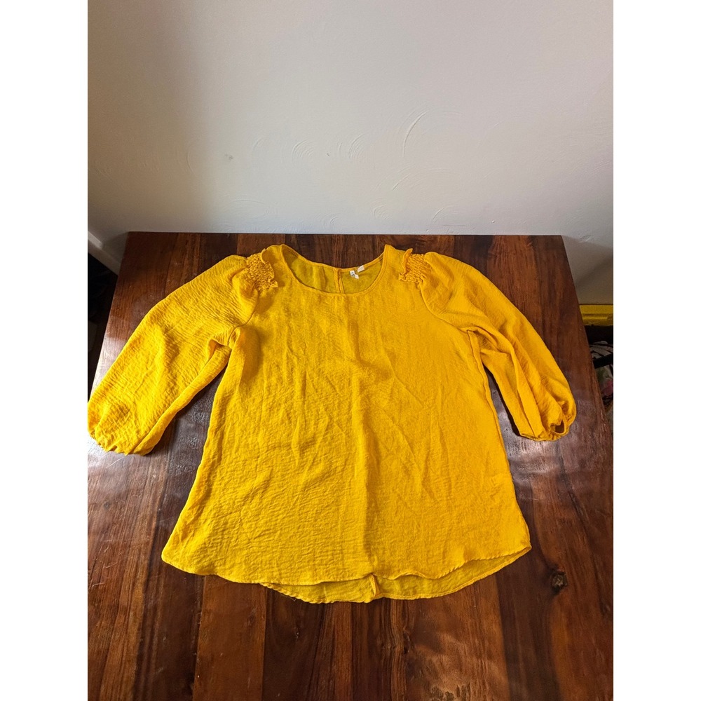 Cato Yellow Smocked Shoulder 3/4 Balloon Sleeve Textured Blouse Large Mustard
